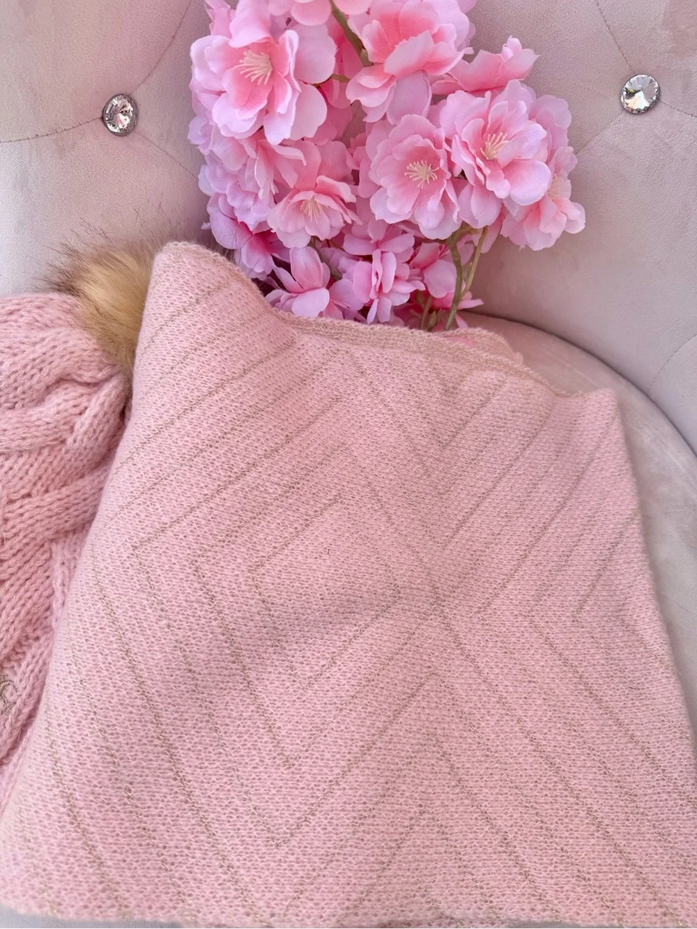 Juicy Couture Pink Knit Pom Beanie and Matching Scarf Set
